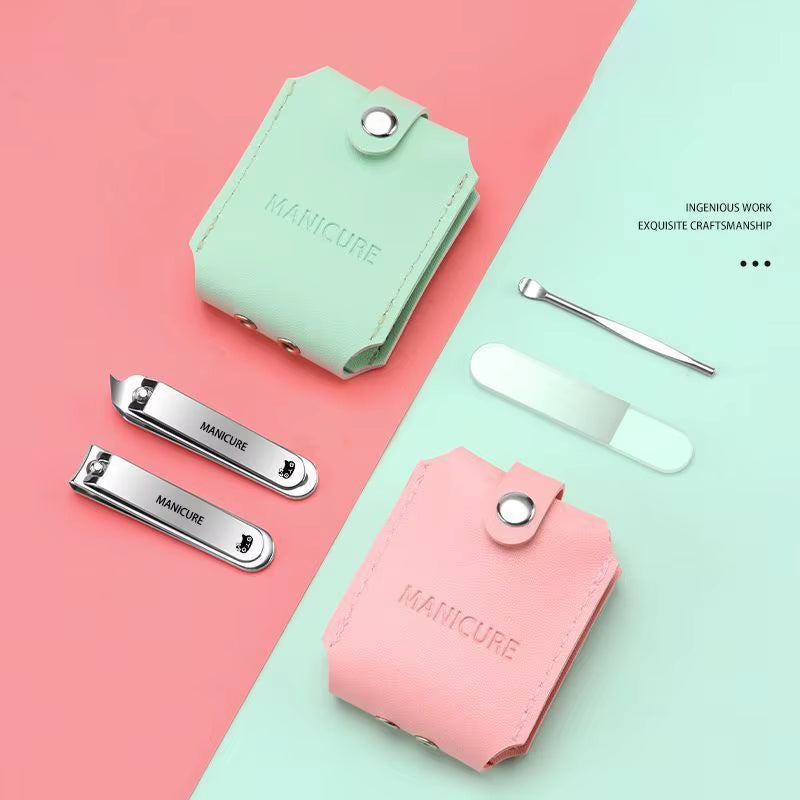 Portable Travel Leather Case Nail Clippers Set, Nail Cutter Manicure Tools, Ear Pick, Cuticle Trimming, Green Pink Black