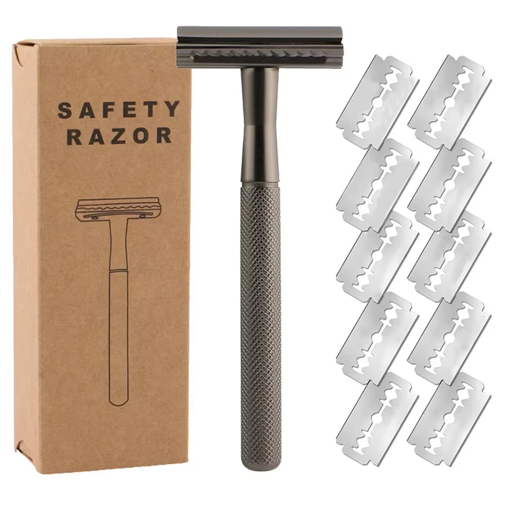 Double Edge Safety Razor for Men & Women, Metal Razor with 10 Platinum Coated Safety Razor Blades, Eco-Friendly Razor
