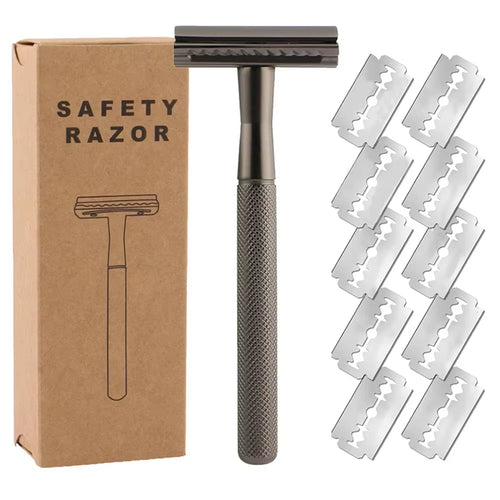 Double Edge Safety Razor for Men & Women, Metal Razor with 10 Platinum Coated Safety Razor Blades, Eco-Friendly Razor