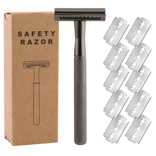 Double Edge Safety Razor for Men & Women, Metal Razor with 10 Platinum Coated Safety Razor Blades, Eco-Friendly Razor