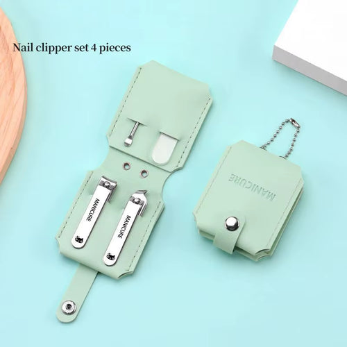 Portable Travel Leather Case Nail Clippers Set, Nail Cutter Manicure Tools, Ear Pick, Cuticle Trimming, Green Pink Black