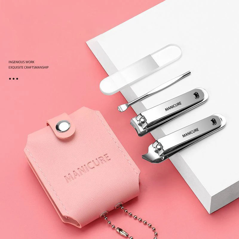 Portable Travel Leather Case Nail Clippers Set, Nail Cutter Manicure Tools, Ear Pick, Cuticle Trimming, Green Pink Black