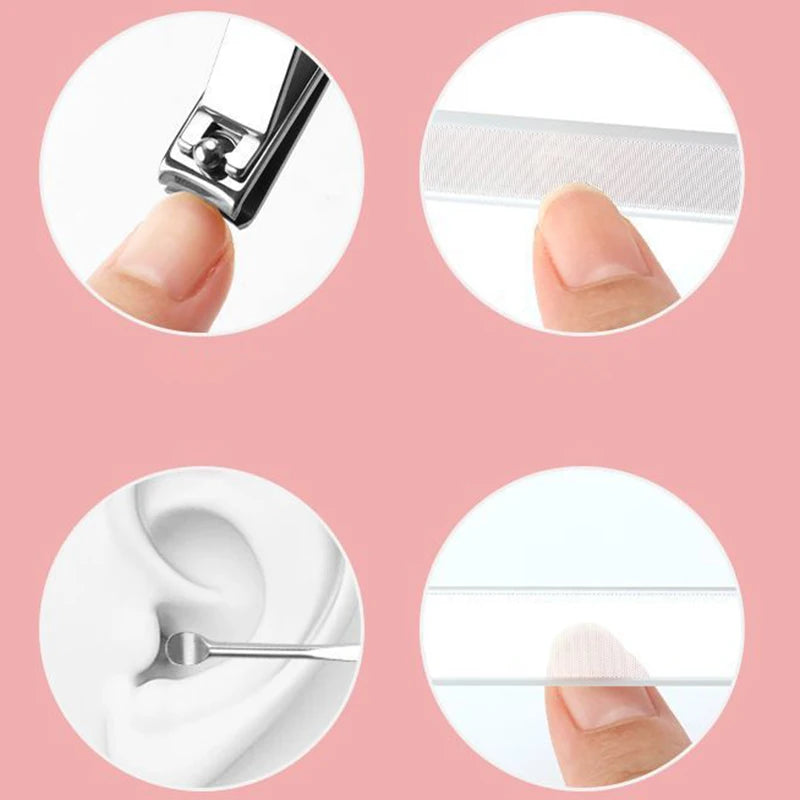 Portable Travel Leather Case Nail Clippers Set, Nail Cutter Manicure Tools, Ear Pick, Cuticle Trimming, Green Pink Black