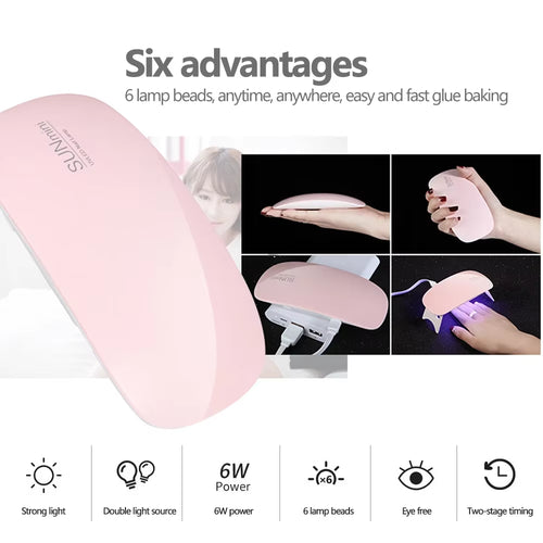 6 LED Mini Mouse Gel Nails 6W Polish Drying Lamp Portable UV Manicure Lamp Home USB Nail Phototherapy Machine Quick-Drying Lamp