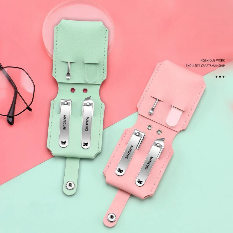 Portable Travel Leather Case Nail Clippers Set, Nail Cutter Manicure Tools, Ear Pick, Cuticle Trimming, Green Pink Black